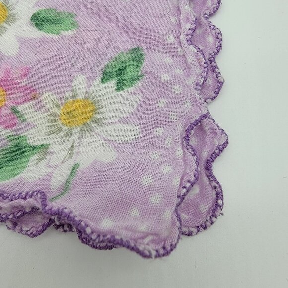 Vintage Purple Flower Floral Daisy Scalloped Border Hankie Handkerchief EUC - Picture 2 of 5